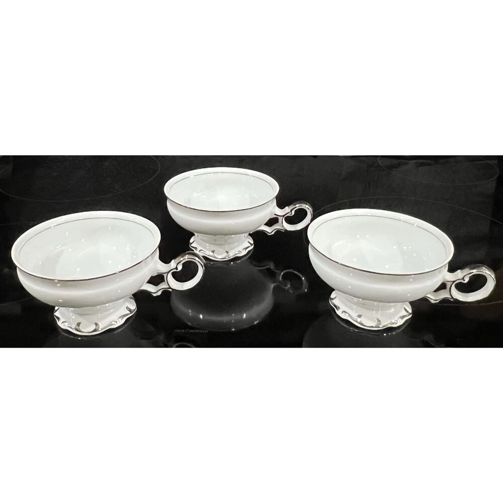 Set of 3 Mikasa Marlboro Footed Tea Cups 9267 Platinum Trim White Fine China